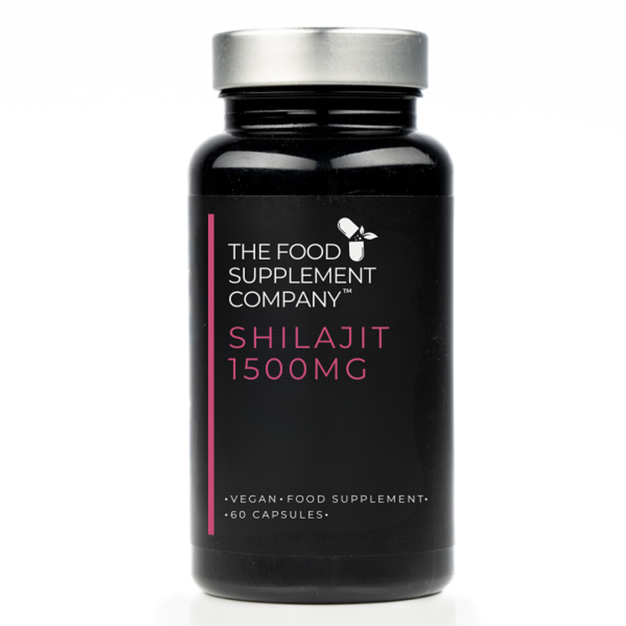 The Food Supplement Company Shilajit 1500mg capsules bottle on white background, vegan food supplement made with high-strength Himalayan shilajit extract, formulated to support natural energy, stamina, cognitive function, and overall vitality, with 60 capsules.